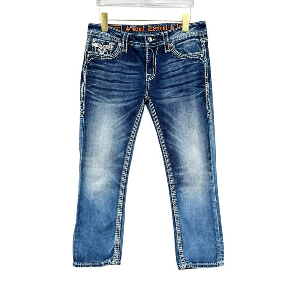 Rock Revival Kai Sequin Embellished Stitching Dark Wash Denim Crop Capri Jeans - Picture 3 of 10